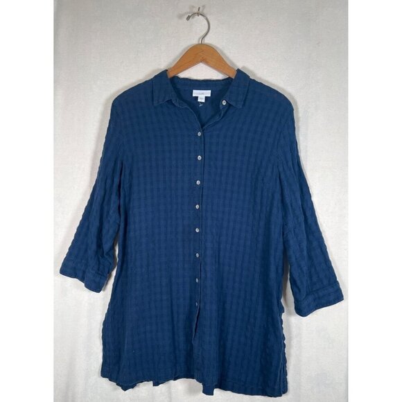 J.Jill Women Size M Navy Blue MOP Button Front Top Tab 3/4 Sleeve Texture Fabric - Picture 2 of 12